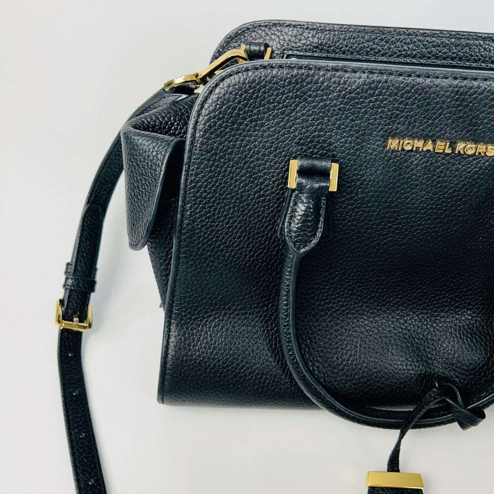 Michael Kors Black Pebbled Leather Handbag Crossbody Satchel Tote Gold Hardware - Picture 2 of 15
